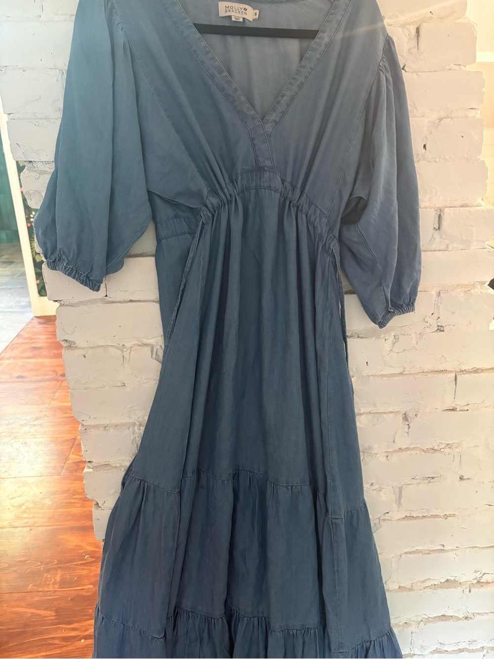 Molly Bracken Chambray V-Neck Tiered Maxi Dress - Blue